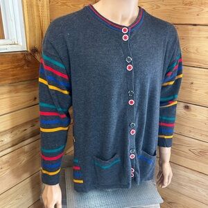 Vintage Funky Grey Gray Colourful Cardigan Stripes Buttons Unique Retro Art Wear
